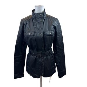 Ladies Gap Black Waxed Moto Jacket with Removable Belt Size XS